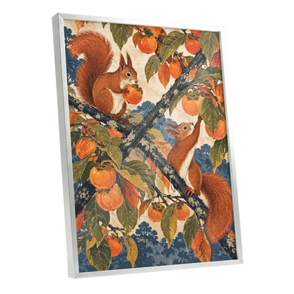 Persimmon Foragers, orange, brown, green nature wall art shown as a silver framed poster wall art print