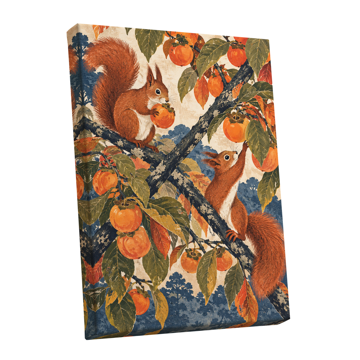 Persimmon Foragers, orange, brown, green nature wall art shown as a stretched canvas wall art