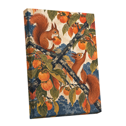 Persimmon Foragers, orange, brown, green nature wall art shown as a stretched canvas wall art