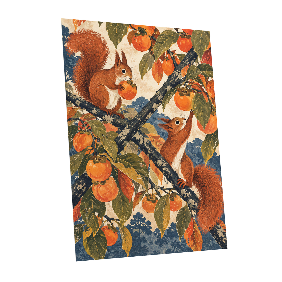 Persimmon Foragers, orange, brown, green nature wall art shown as a unframed poster wall art print