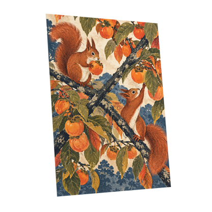 Persimmon Foragers, orange, brown, green nature wall art shown as a unframed poster wall art print