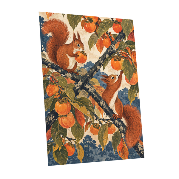 Persimmon Foragers, orange, brown, green nature wall art shown as a unframed poster wall art print