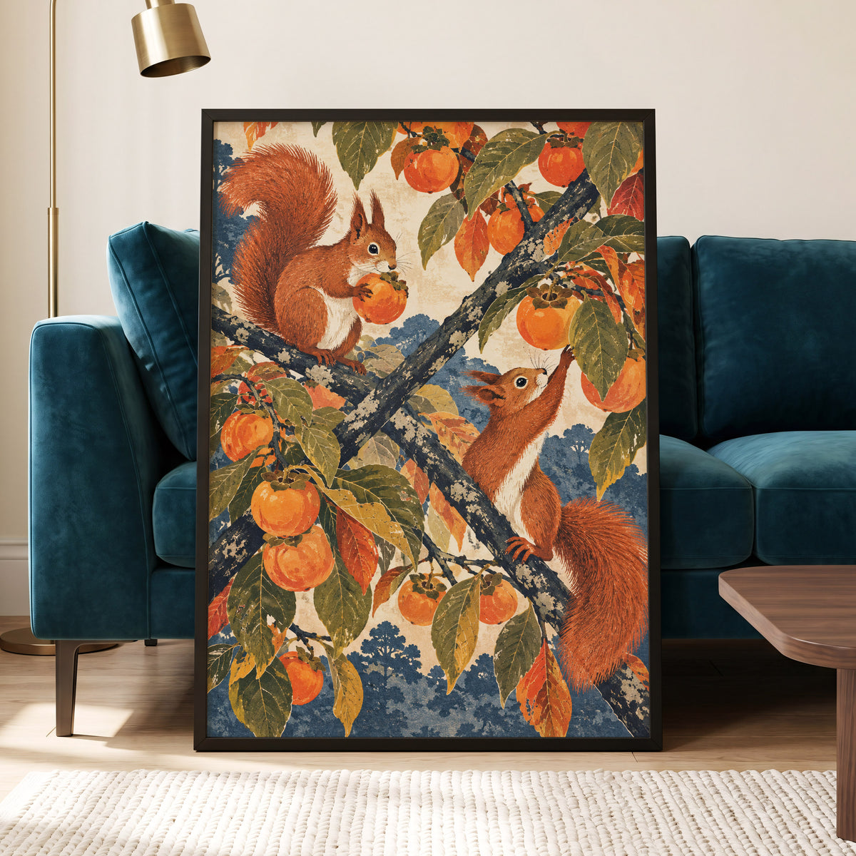 Persimmon Foragers, orange, brown, green nature wall art displayed in a styled interior, gallery view 2
