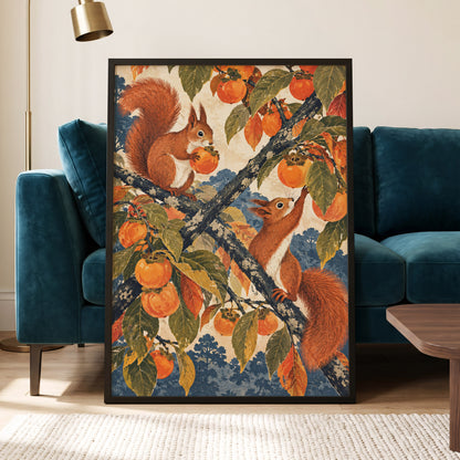 Persimmon Foragers, orange, brown, green nature wall art displayed in a styled interior, gallery view 2