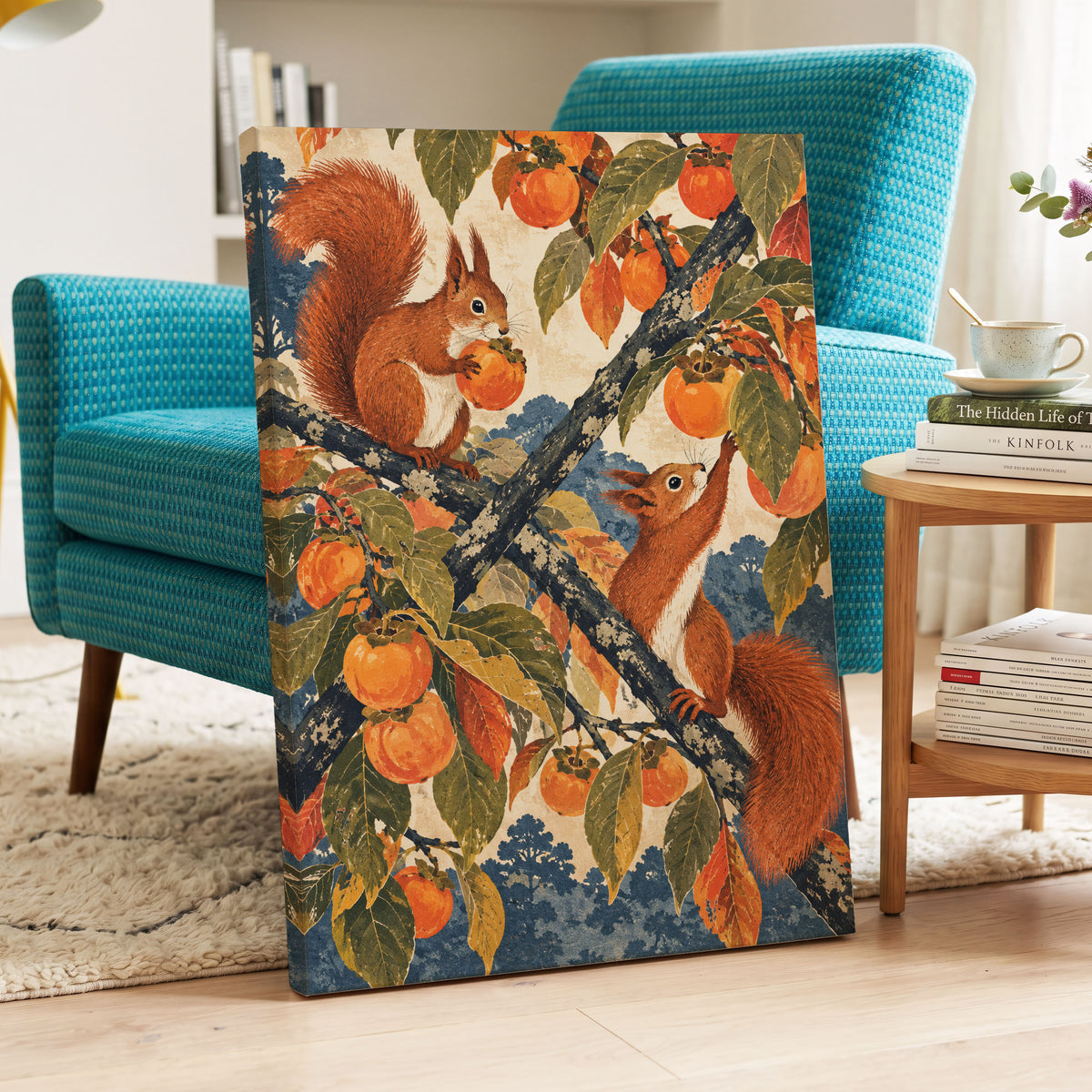 Persimmon Foragers, orange, brown, green nature wall art displayed in a styled interior, gallery view 3