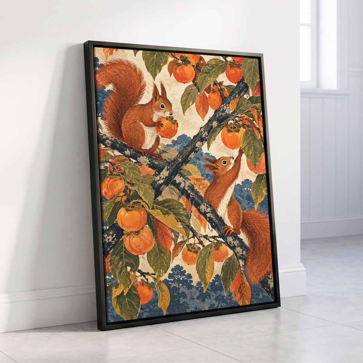 Persimmon Foragers, orange, brown, green nature wall art displayed in a styled interior, gallery view 4