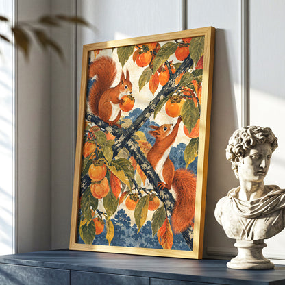 Persimmon Foragers, orange, brown, green nature wall art displayed in a styled interior, gallery view 6