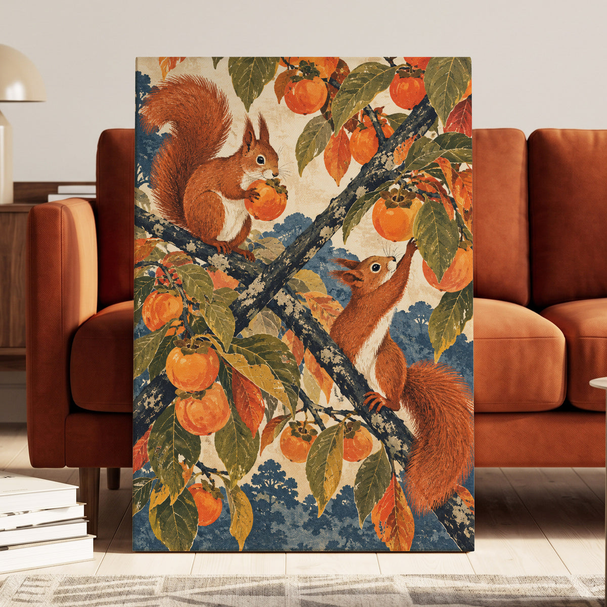 Persimmon Foragers, orange, brown, green nature wall art displayed in a styled interior, gallery view 7