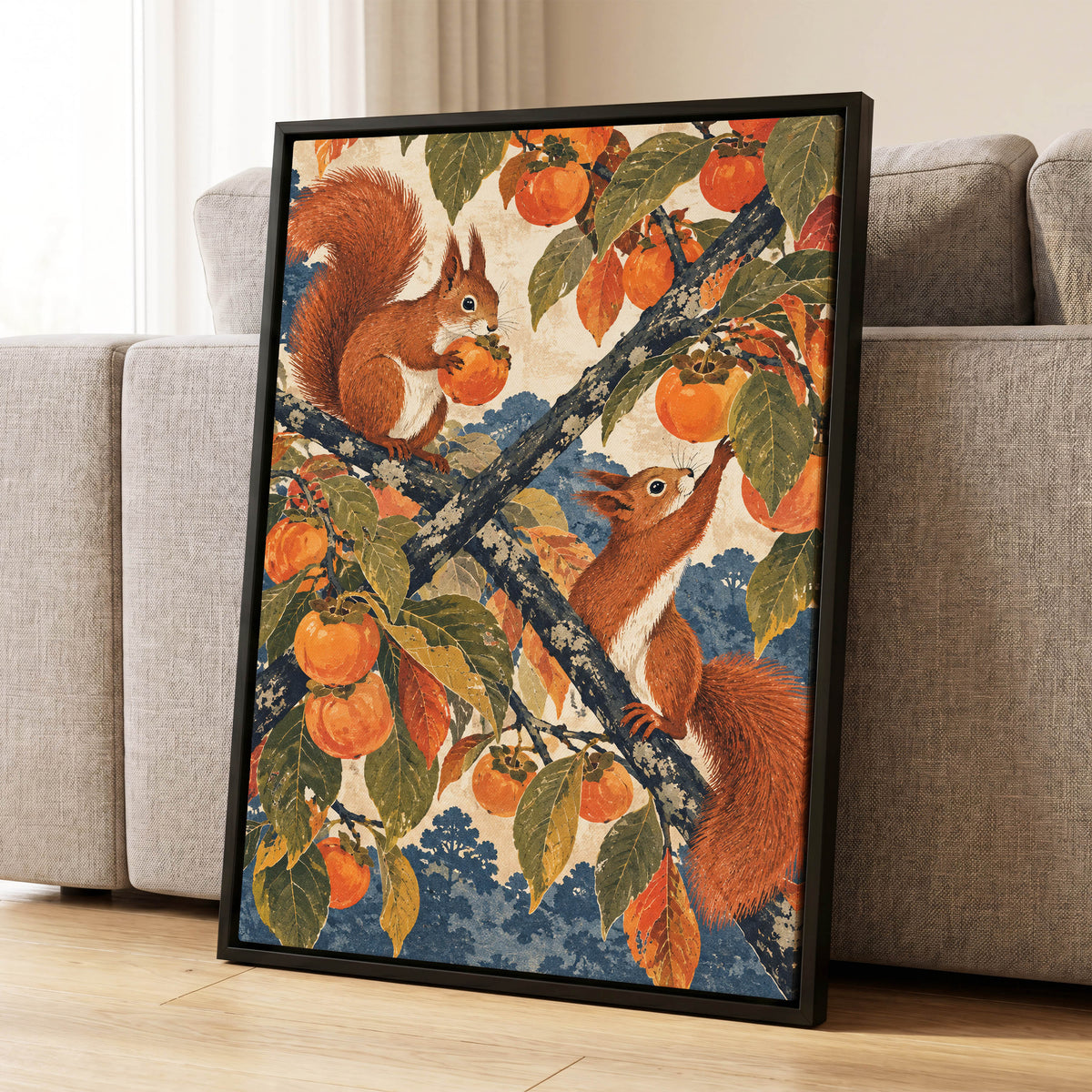 Persimmon Foragers, orange, brown, green nature wall art displayed in a styled interior, gallery view 8