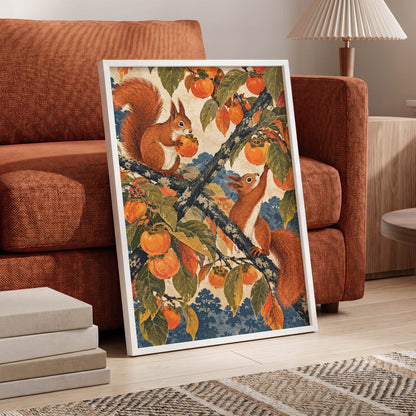 Persimmon Foragers, orange, brown, green nature wall art displayed in a styled interior, gallery view 9