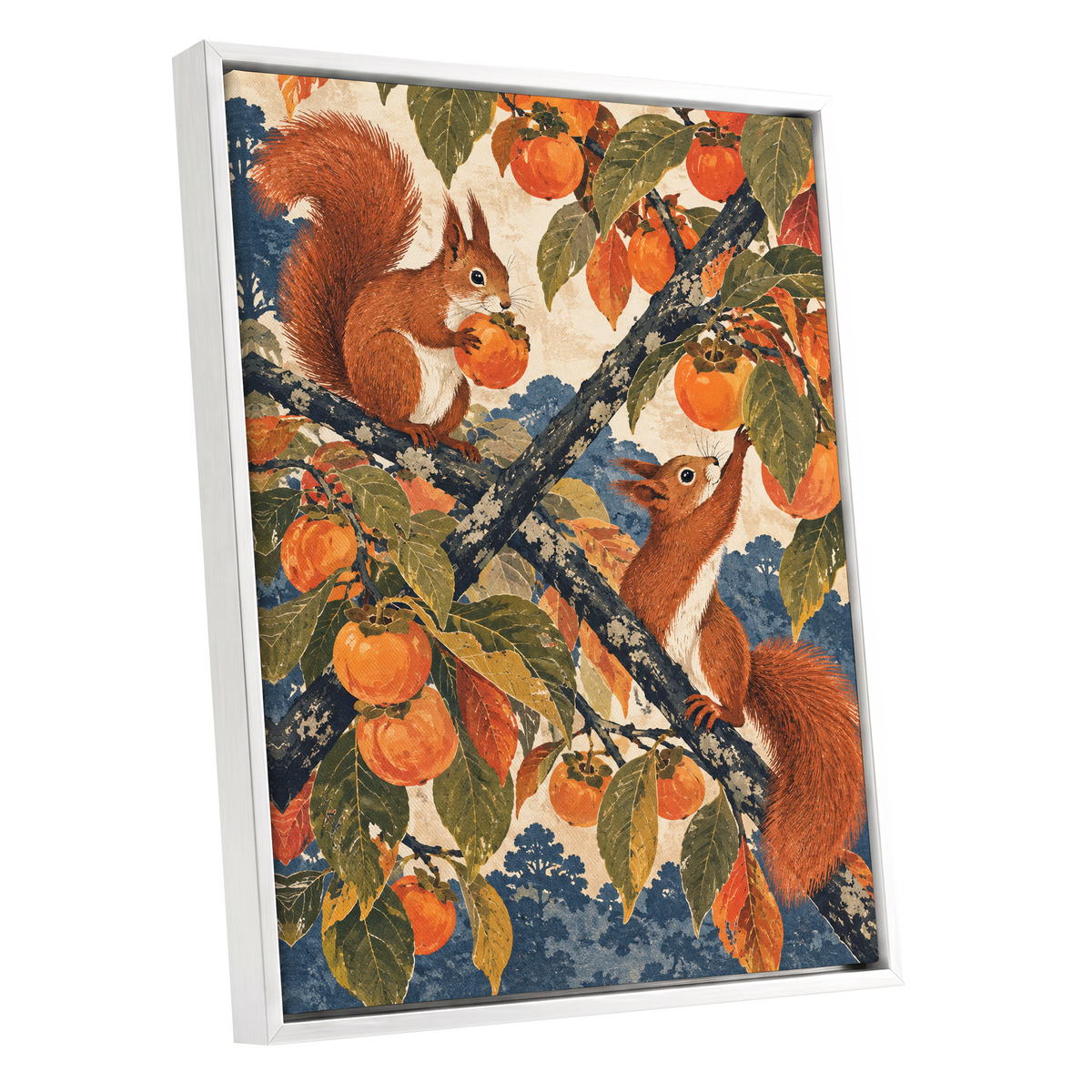 Persimmon Foragers, orange, brown, green nature wall art shown as a white framed canvas wall art