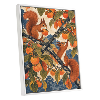 Persimmon Foragers, orange, brown, green nature wall art shown as a white framed canvas wall art