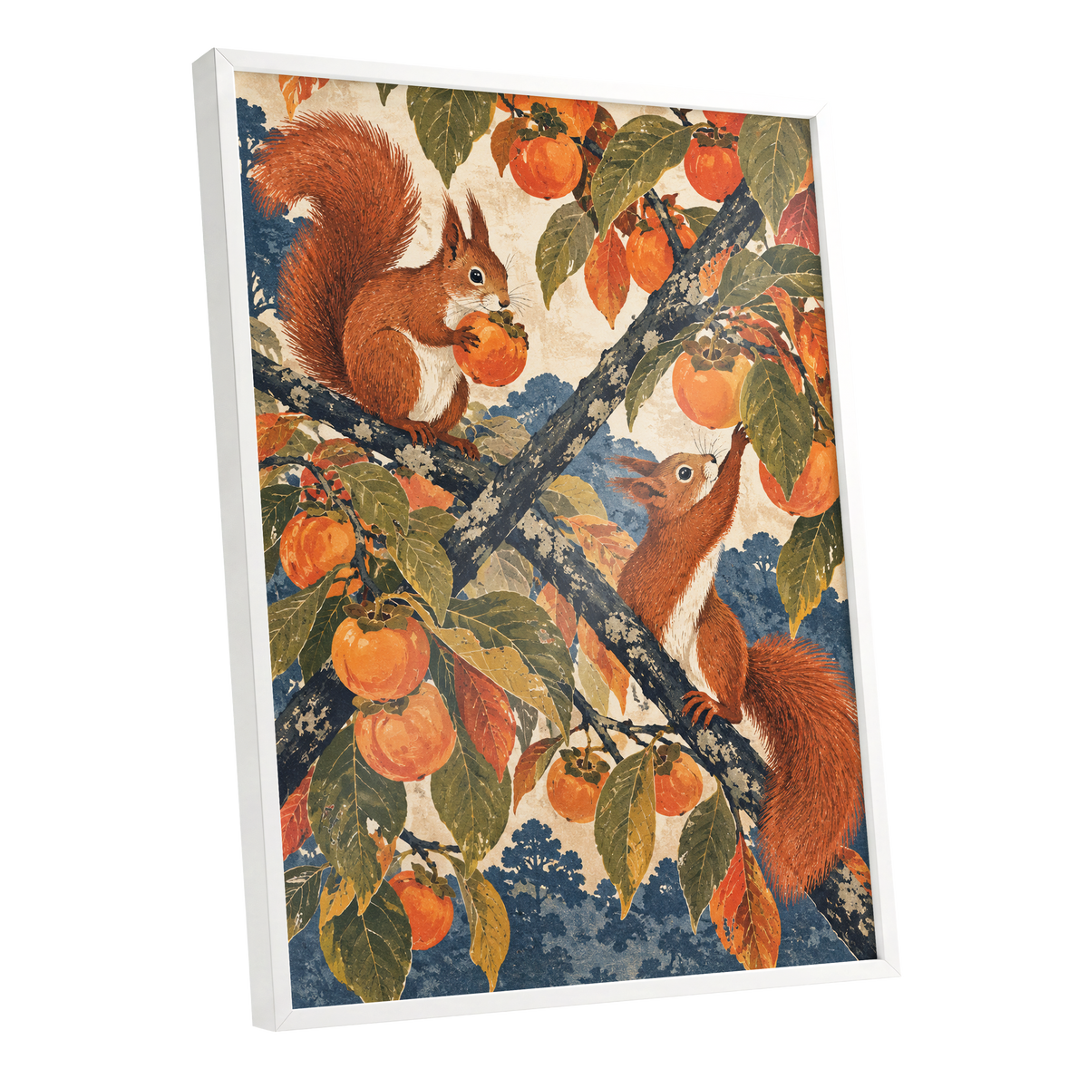 Persimmon Foragers, orange, brown, green nature wall art shown as a white framed poster wall art print
