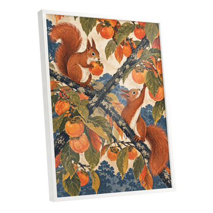 Persimmon Foragers, orange, brown, green nature wall art shown as a white framed poster wall art print