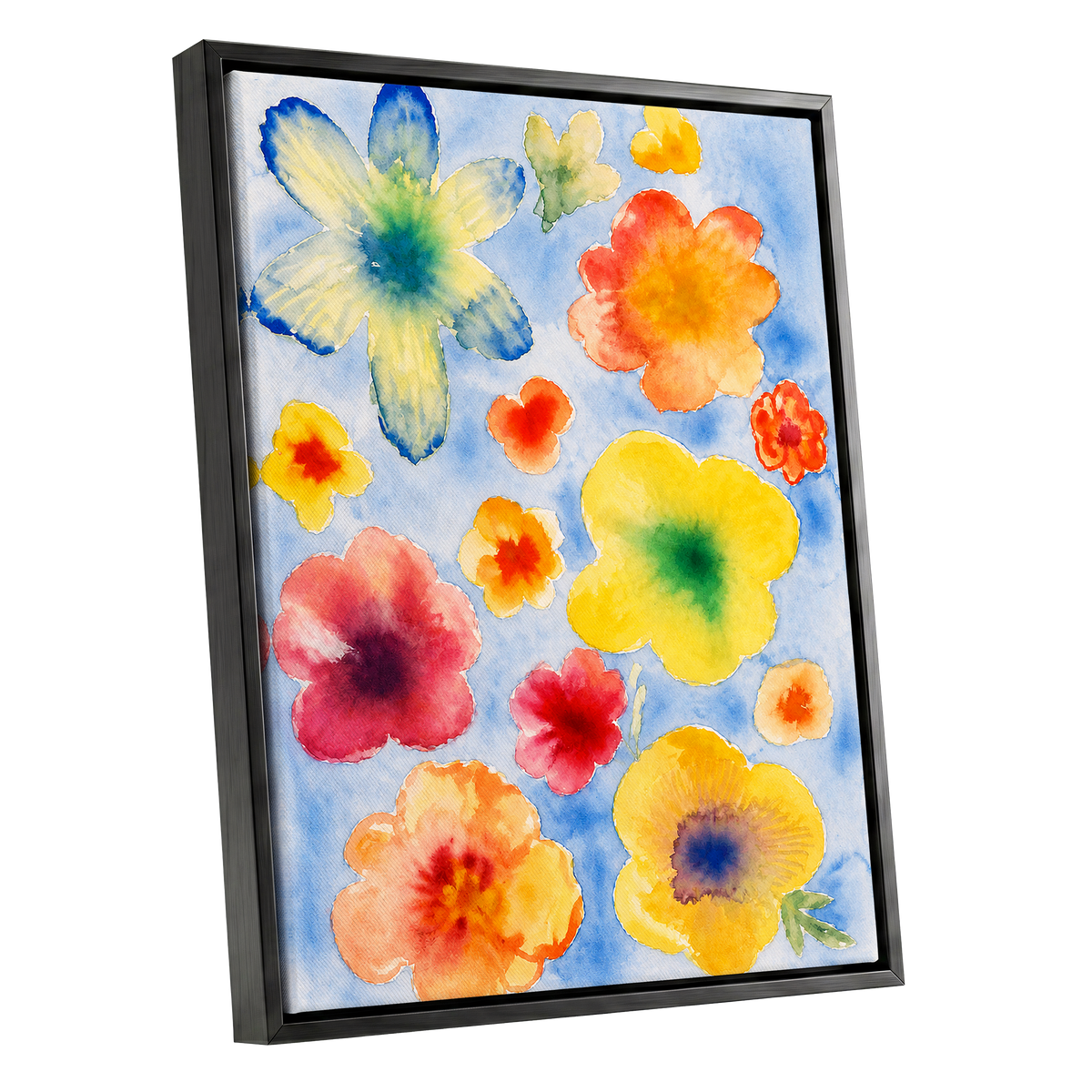 Petal Confetti, blue, yellow, orange floral wall art shown as a black framed canvas wall art