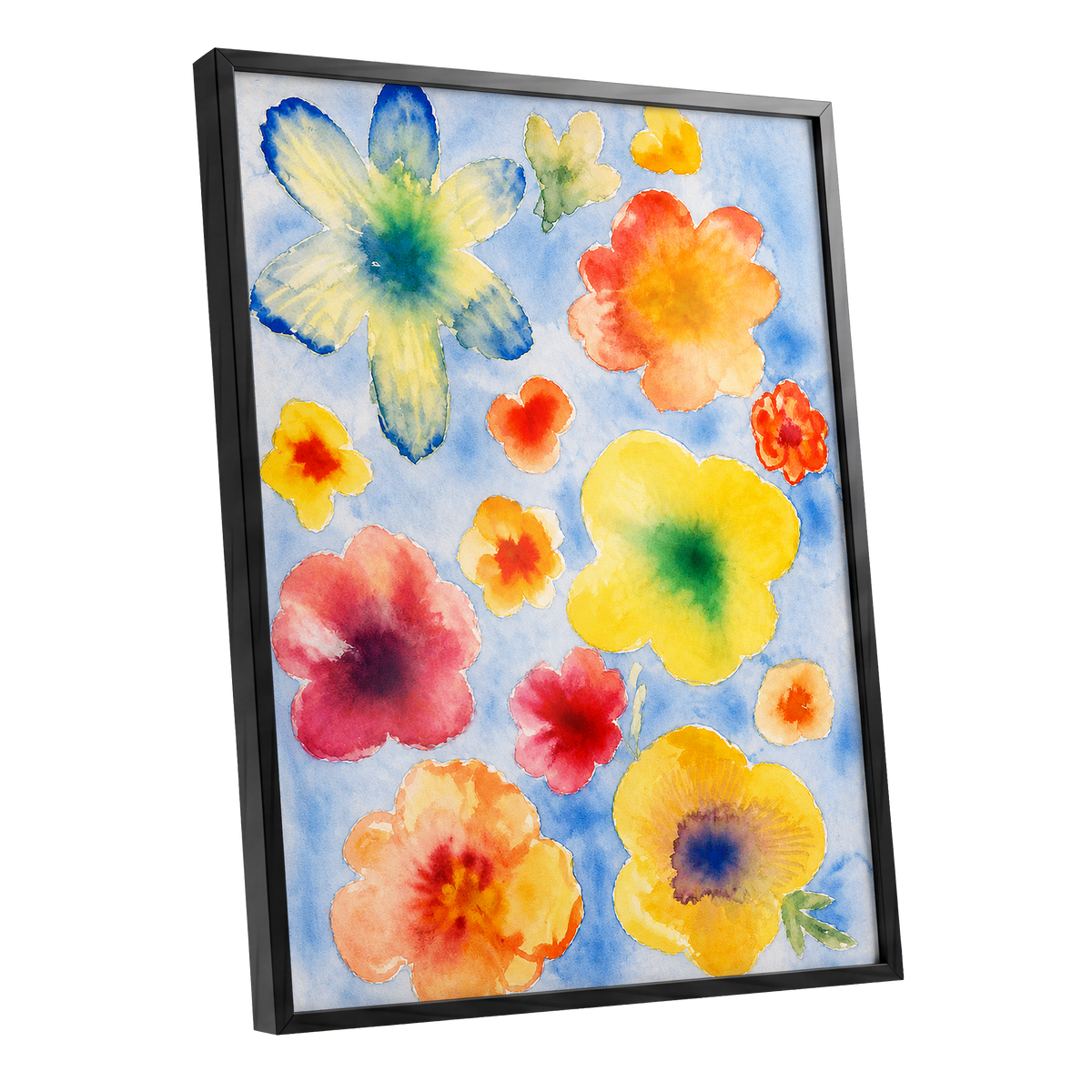 Petal Confetti, blue, yellow, orange floral wall art shown as a black framed poster wall art print