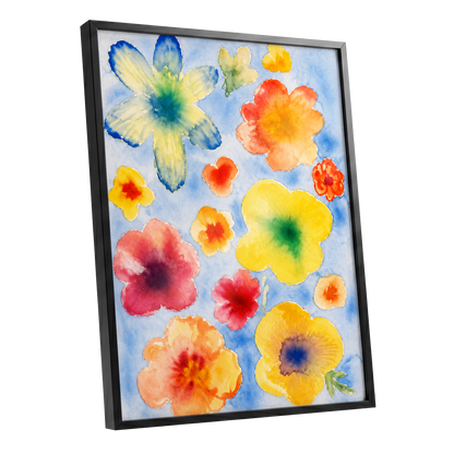 Petal Confetti, blue, yellow, orange floral wall art shown as a black framed poster wall art print
