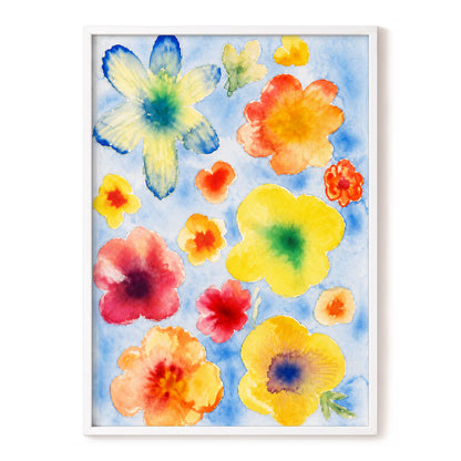 Petal Confetti, blue, yellow, orange floral wall art, front artwork view