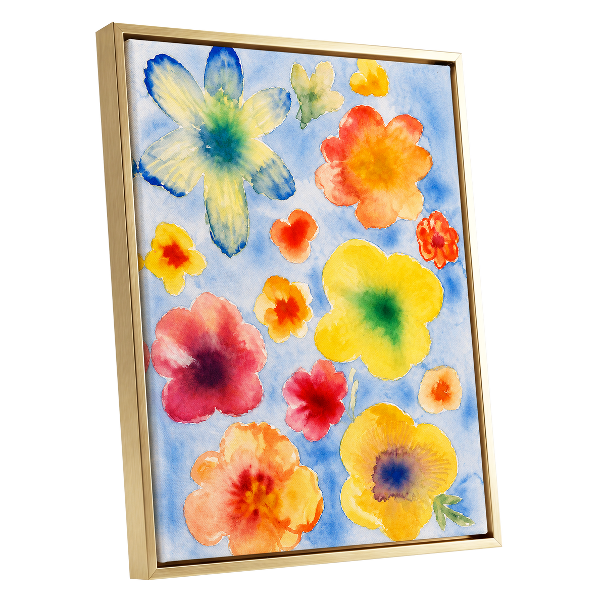 Petal Confetti, blue, yellow, orange floral wall art shown as a gold framed canvas wall art
