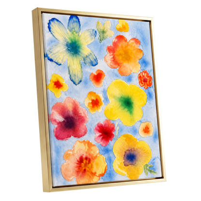 Petal Confetti, blue, yellow, orange floral wall art shown as a gold framed canvas wall art
