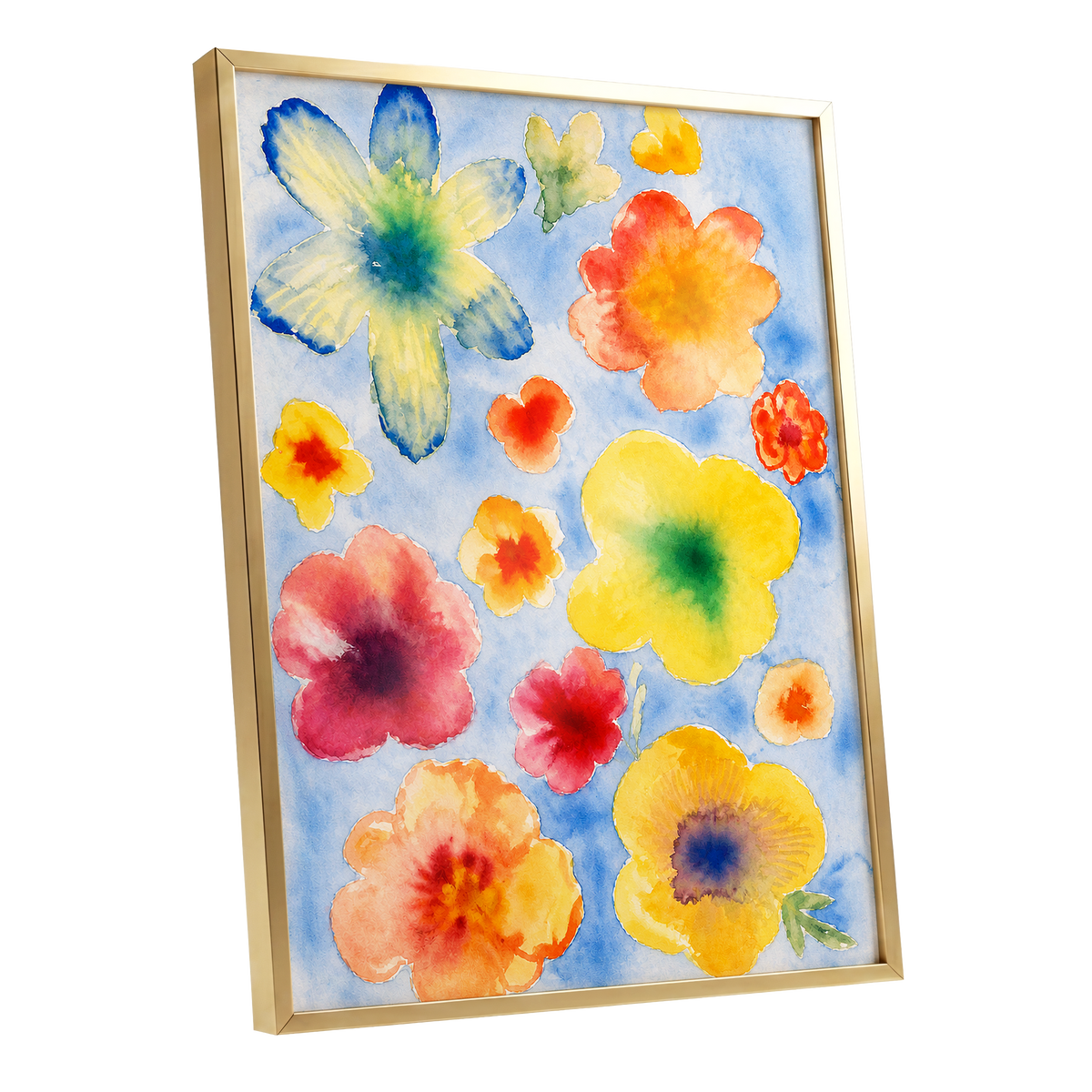 Petal Confetti, blue, yellow, orange floral wall art shown as a gold framed poster wall art print