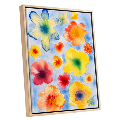 Petal Confetti, blue, yellow, orange floral wall art shown as a oak framed canvas wall art