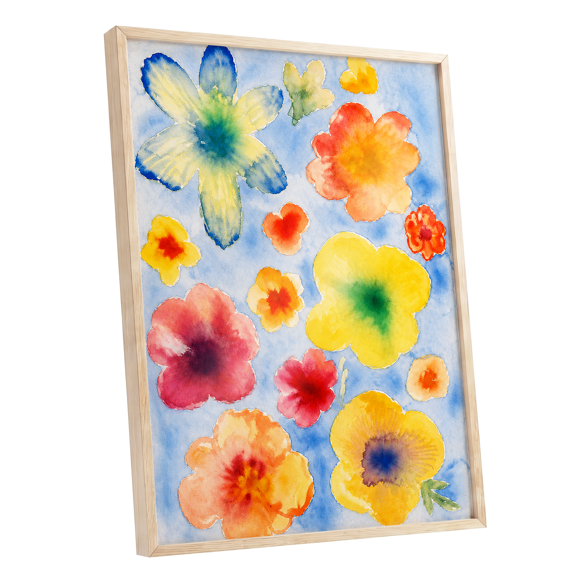 Petal Confetti, blue, yellow, orange floral wall art shown as a oak framed poster wall art print