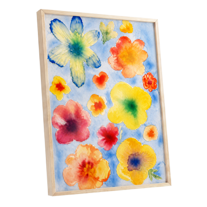 Petal Confetti, blue, yellow, orange floral wall art shown as a oak framed poster wall art print