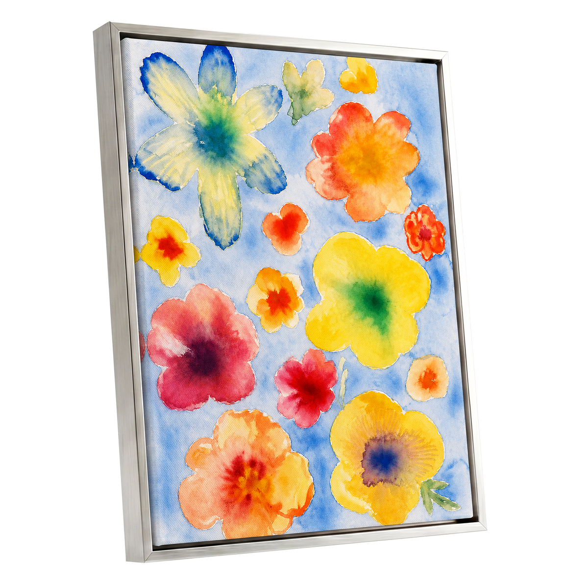 Petal Confetti, blue, yellow, orange floral wall art shown as a silver framed canvas wall art