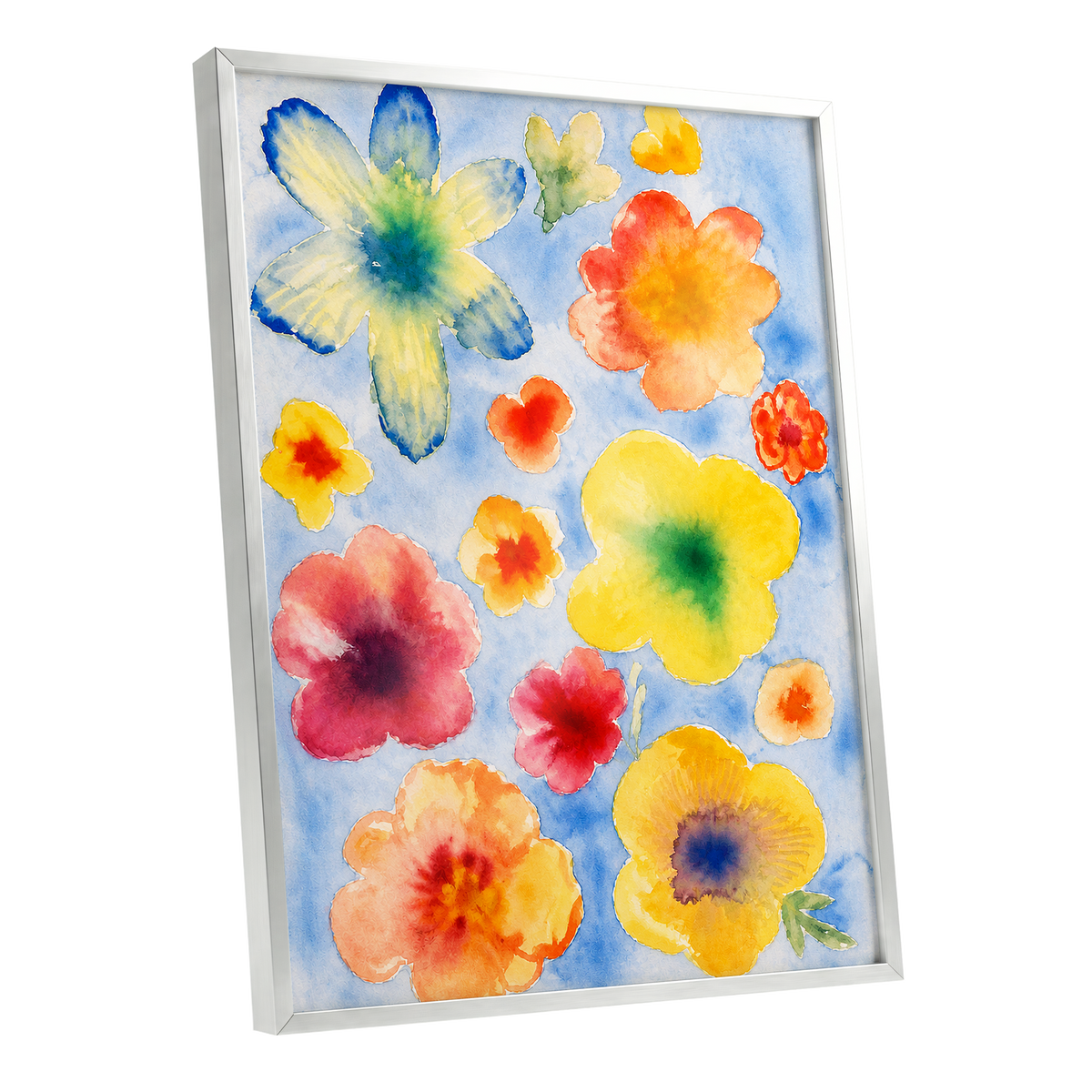 Petal Confetti, blue, yellow, orange floral wall art shown as a silver framed poster wall art print