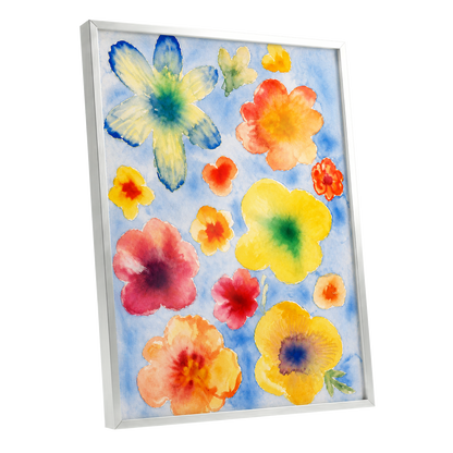 Petal Confetti, blue, yellow, orange floral wall art shown as a silver framed poster wall art print