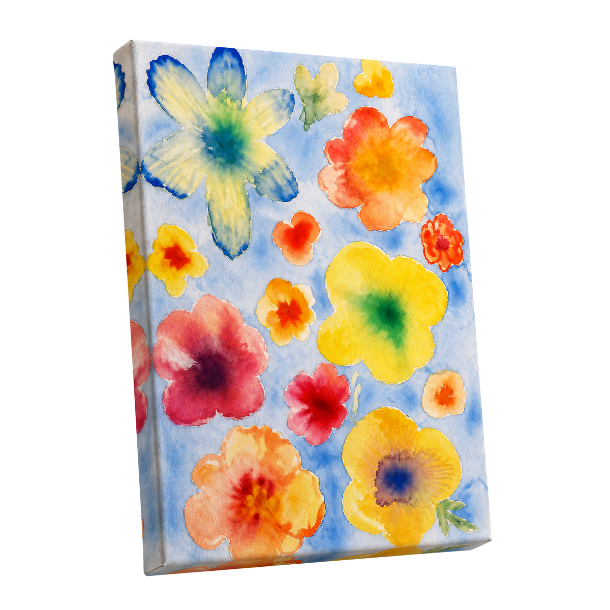 Petal Confetti, blue, yellow, orange floral wall art shown as a stretched canvas wall art