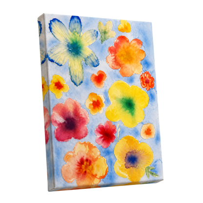 Petal Confetti, blue, yellow, orange floral wall art shown as a stretched canvas wall art