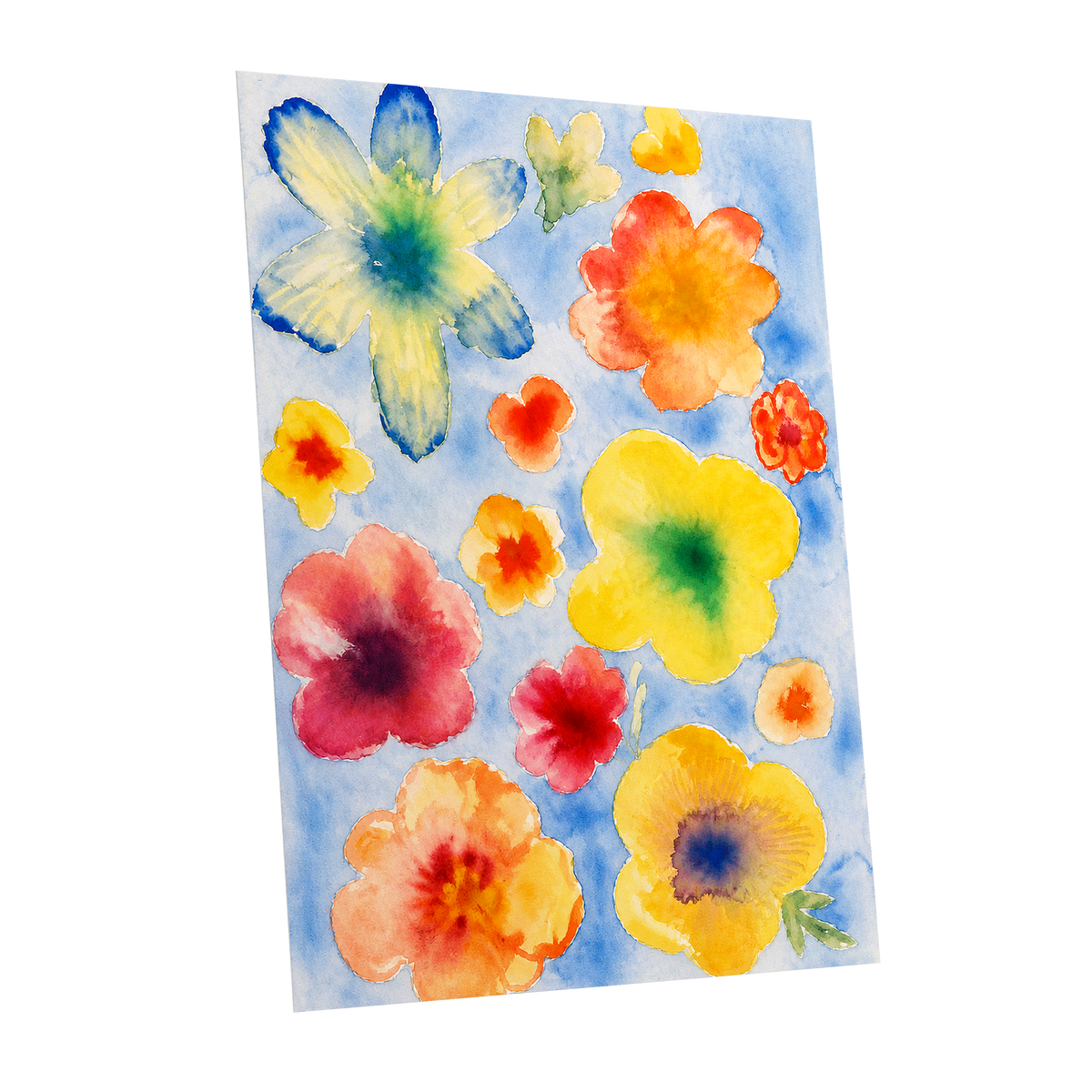 Petal Confetti, blue, yellow, orange floral wall art shown as a unframed poster wall art print