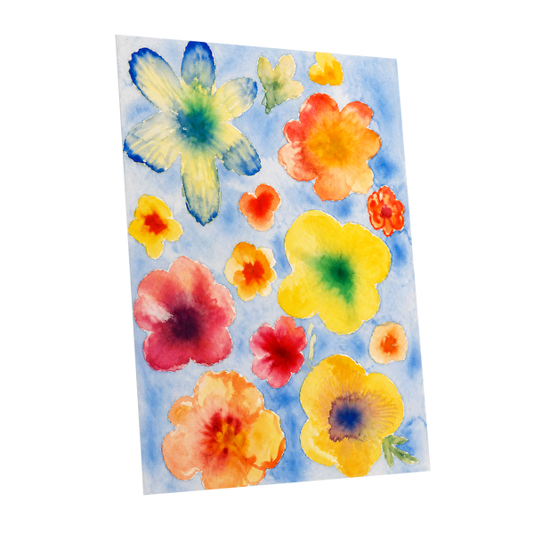 Petal Confetti, blue, yellow, orange floral wall art shown as a unframed poster wall art print