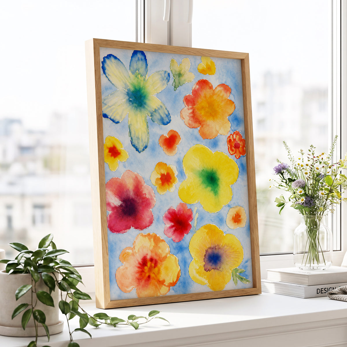 Petal Confetti, blue, yellow, orange floral wall art displayed in a styled interior, gallery view 2