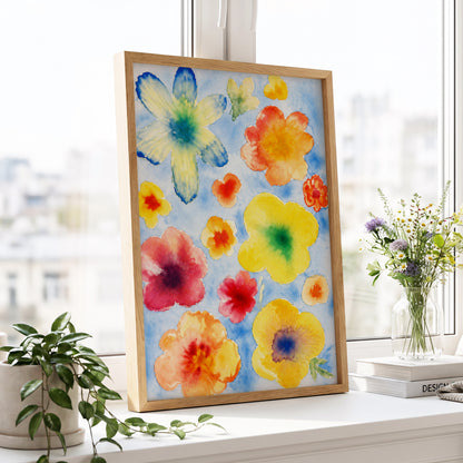 Petal Confetti, blue, yellow, orange floral wall art displayed in a styled interior, gallery view 2