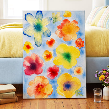 Petal Confetti, blue, yellow, orange floral wall art displayed in a styled interior, gallery view 3