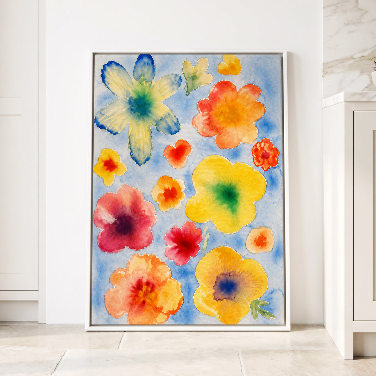 Petal Confetti, blue, yellow, orange floral wall art displayed in a styled interior, gallery view 4