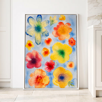 Petal Confetti, blue, yellow, orange floral wall art displayed in a styled interior, gallery view 4