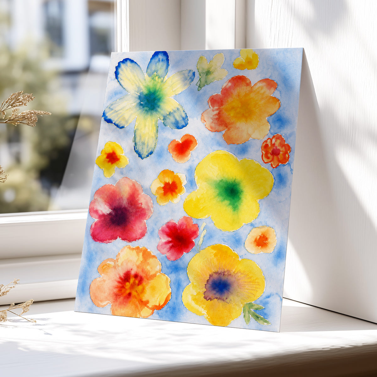 Petal Confetti, blue, yellow, orange floral wall art displayed in a styled interior, gallery view 5