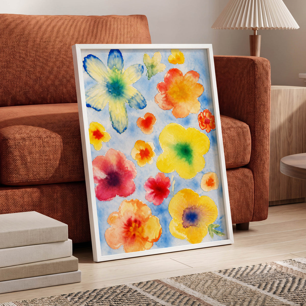 Petal Confetti, blue, yellow, orange floral wall art displayed in a styled interior, gallery view 6