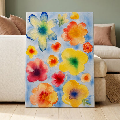 Petal Confetti, blue, yellow, orange floral wall art displayed in a styled interior, gallery view 7