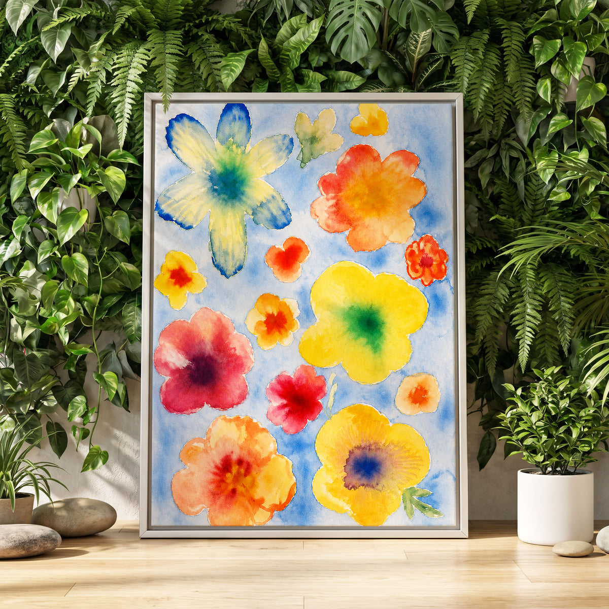 Petal Confetti, blue, yellow, orange floral wall art displayed in a styled interior, gallery view 8