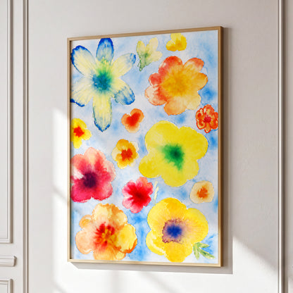 Petal Confetti, blue, yellow, orange floral wall art displayed in a styled interior, gallery view 9