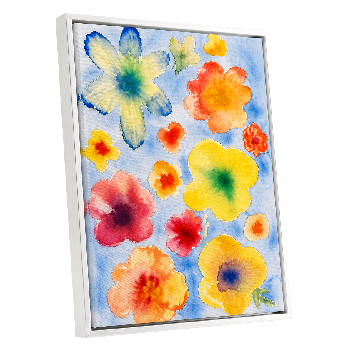 Petal Confetti, blue, yellow, orange floral wall art shown as a white framed canvas wall art