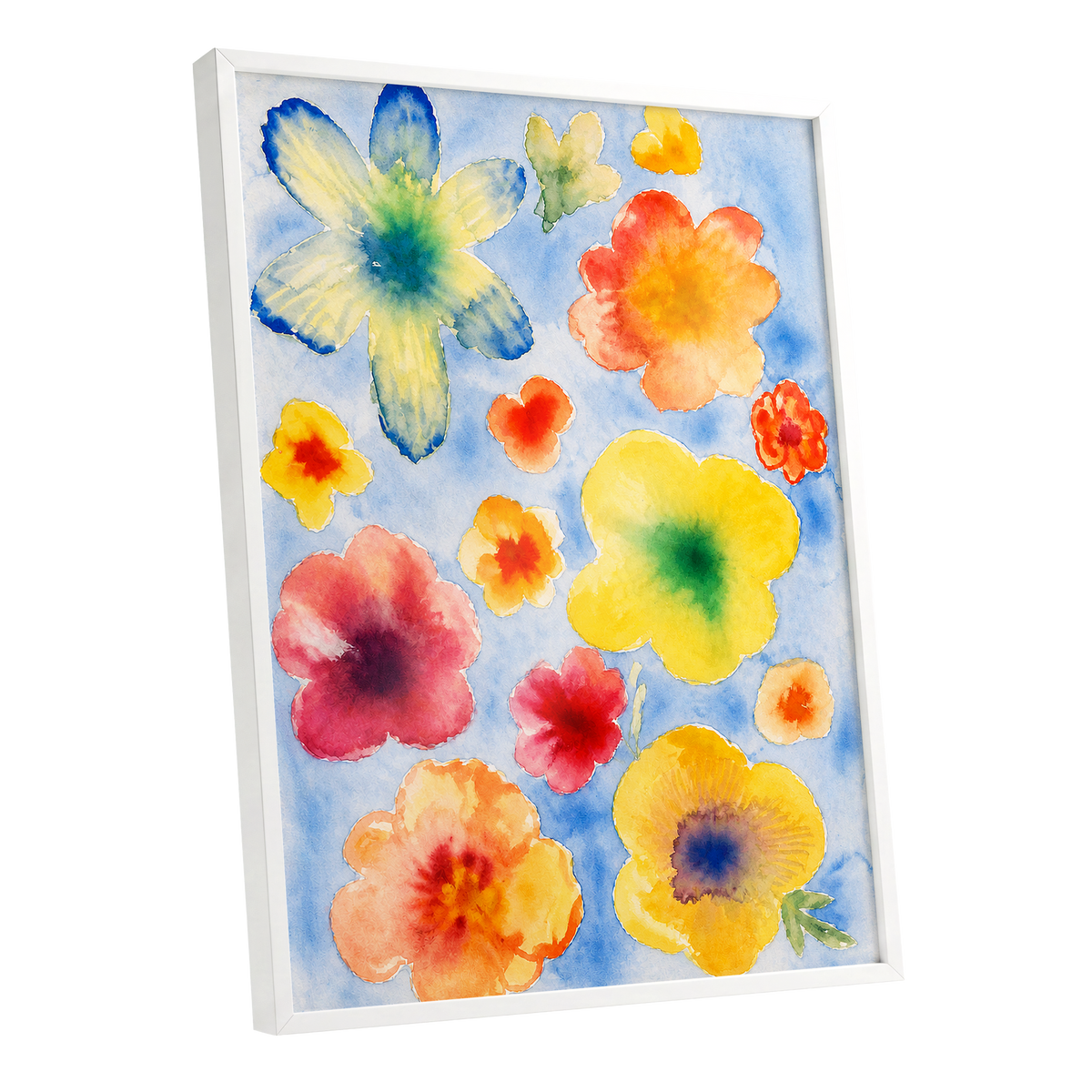 Petal Confetti, blue, yellow, orange floral wall art shown as a white framed poster wall art print