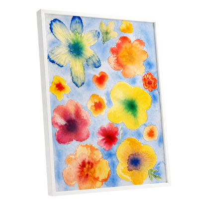 Petal Confetti, blue, yellow, orange floral wall art shown as a white framed poster wall art print