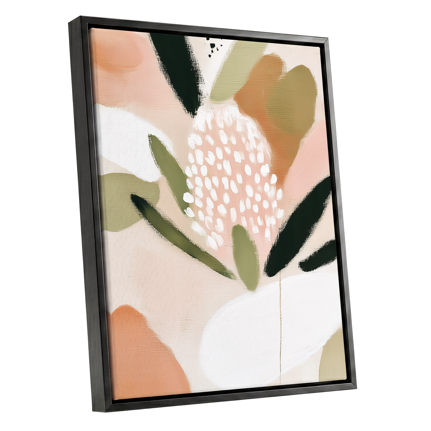 Petal Drift, pink, green, beige floral wall art shown as a black framed canvas wall art