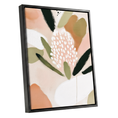 Petal Drift, pink, green, beige floral wall art shown as a black framed canvas wall art